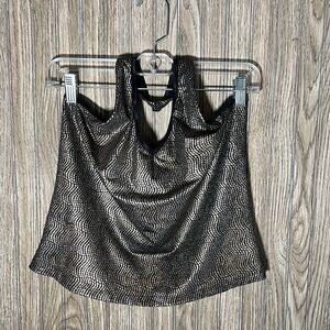 y2k Black Silver Stretch Halter Tank Top Blouse Rave Disco Glam